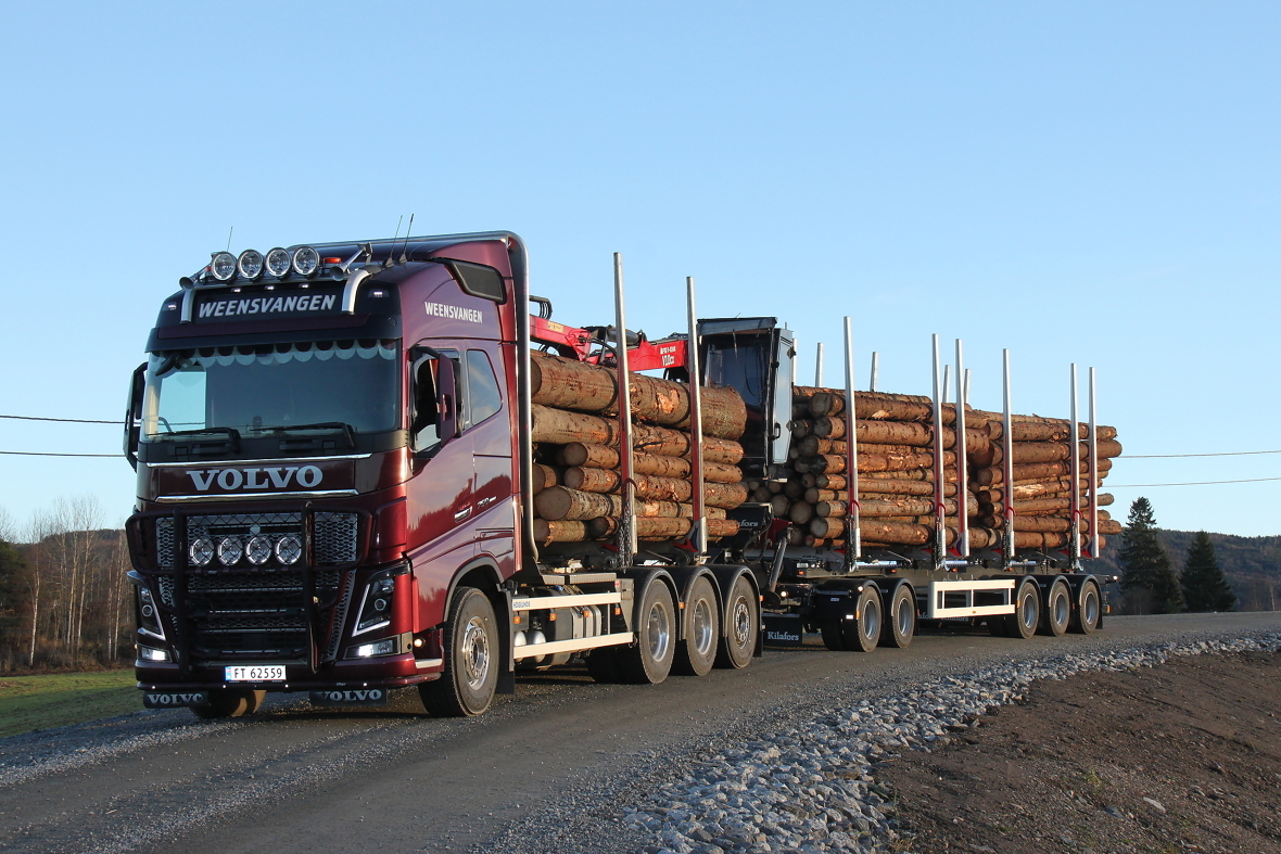 Bildet viser et tømmervogntog med ni aksler lastet til 60 tonn i tråd med de nye reglene.