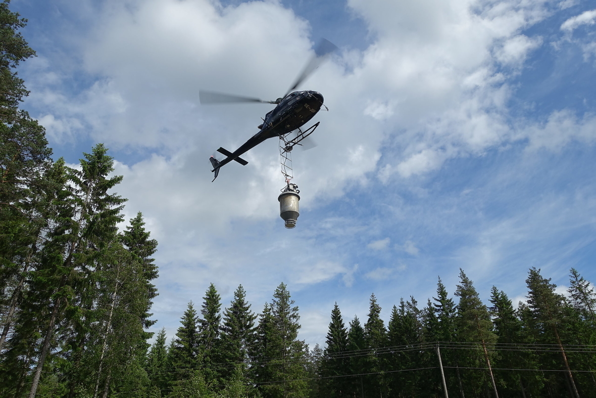 Gjødsling med helikopter gir den jevneste spredningen, og man unngår skader på terreng og vegetasjon. 